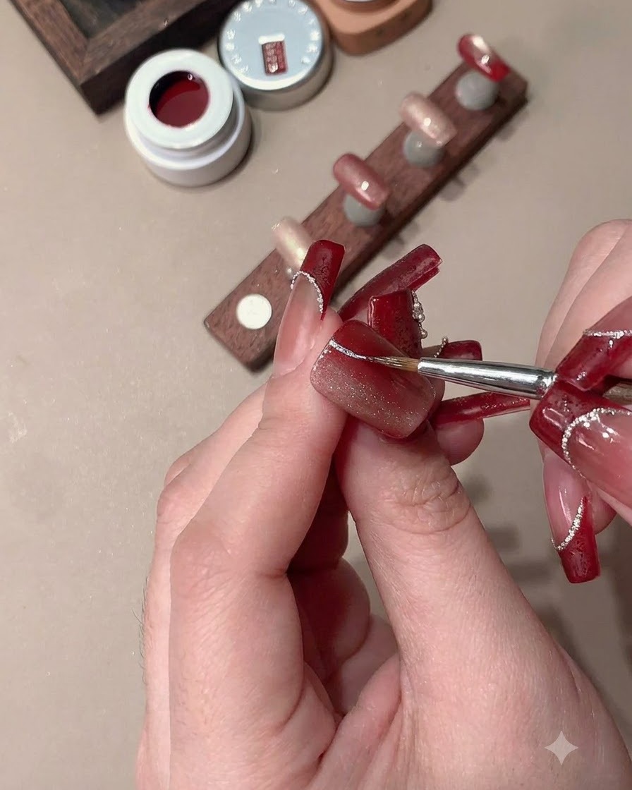 Un pennello di dettaglio fine e un magnete che modellano un design per unghie cat-eye.