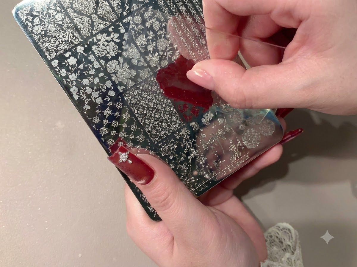 Uno strumento raschietto rimuove il gel rosso in eccesso dalla superficie di una piastra di stamping in metallo.