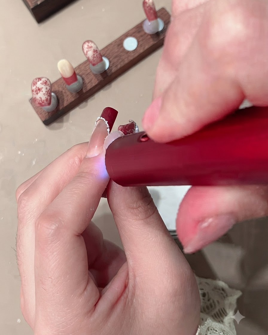 Primo piano di una mano che tiene una mini lampada UV rossa sopra ununghia per polimerizzare il gel French tip.