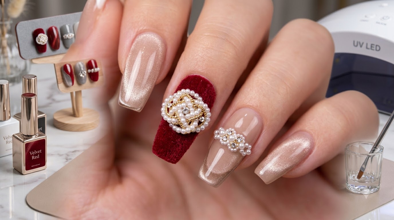 Nail art stile cinese con nodi in velluto — Tutorial passo dopo passo
