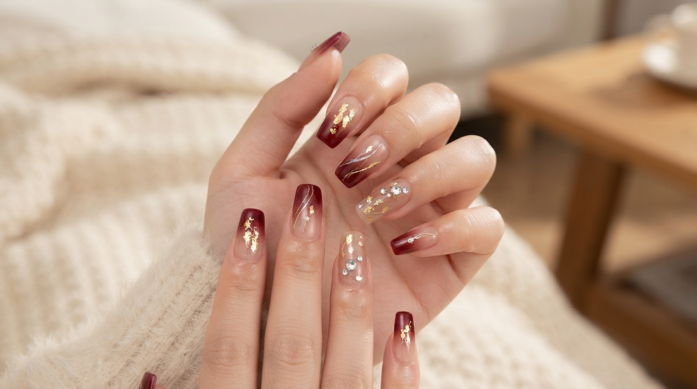 Unghie in Gel Borgogna con Sfumatura e Strass per il Nuovo Anno — Tutorial Passo dopo Passo