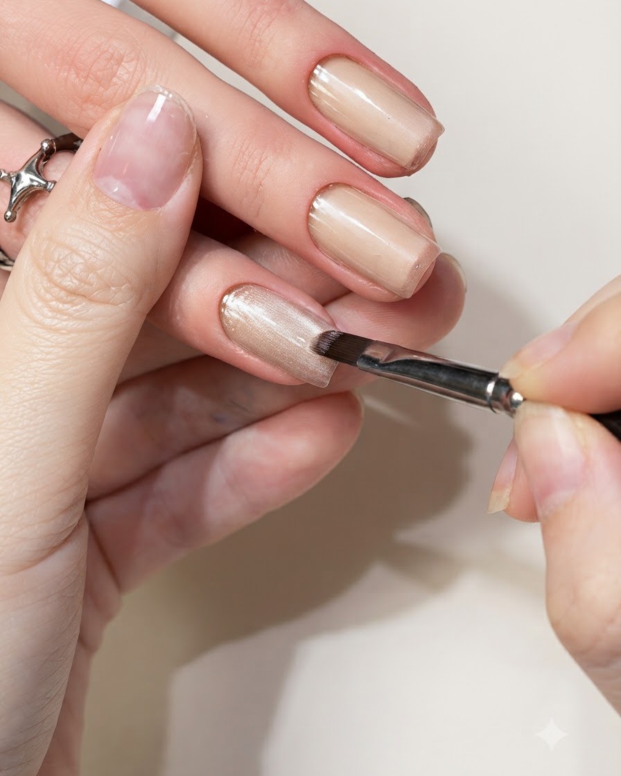 Una vista ravvicinata di un pennello per unghie che applica un gel cat-eye chiaro e brillante sullunghia di una cliente.
