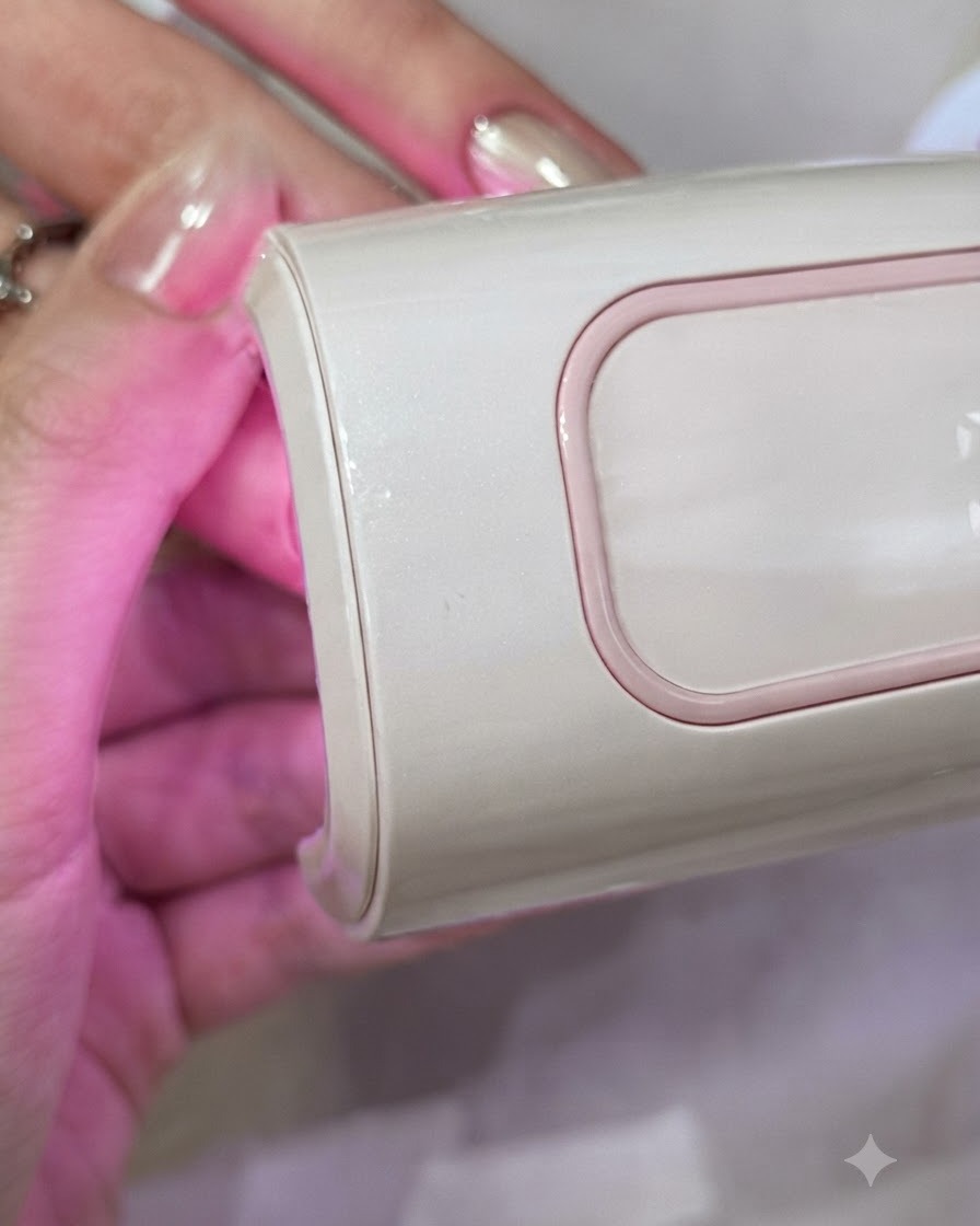 Una mano posizionata vicino a una lampada UV/LED rosa durante il processo di polimerizzazione del gel.