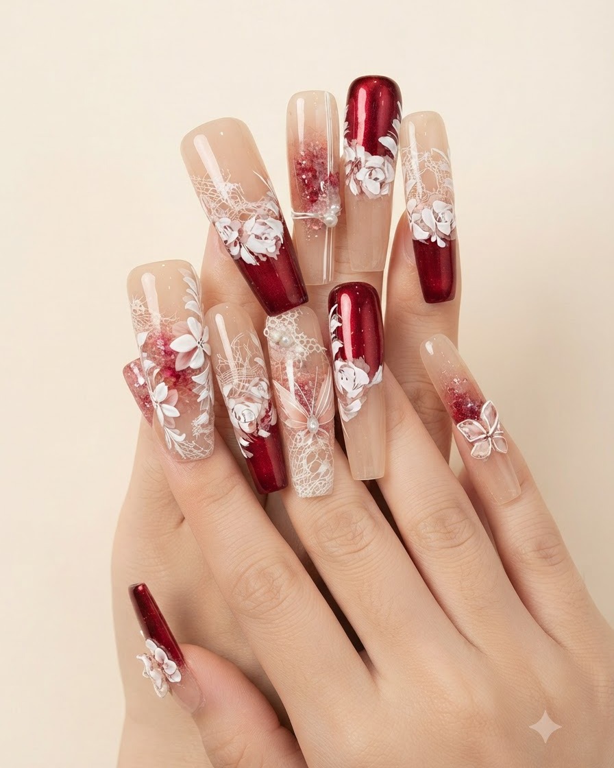 Un pennello applica uno strato trasparente di gel di rinforzo morbido su un design dettagliato di nail art floreale.