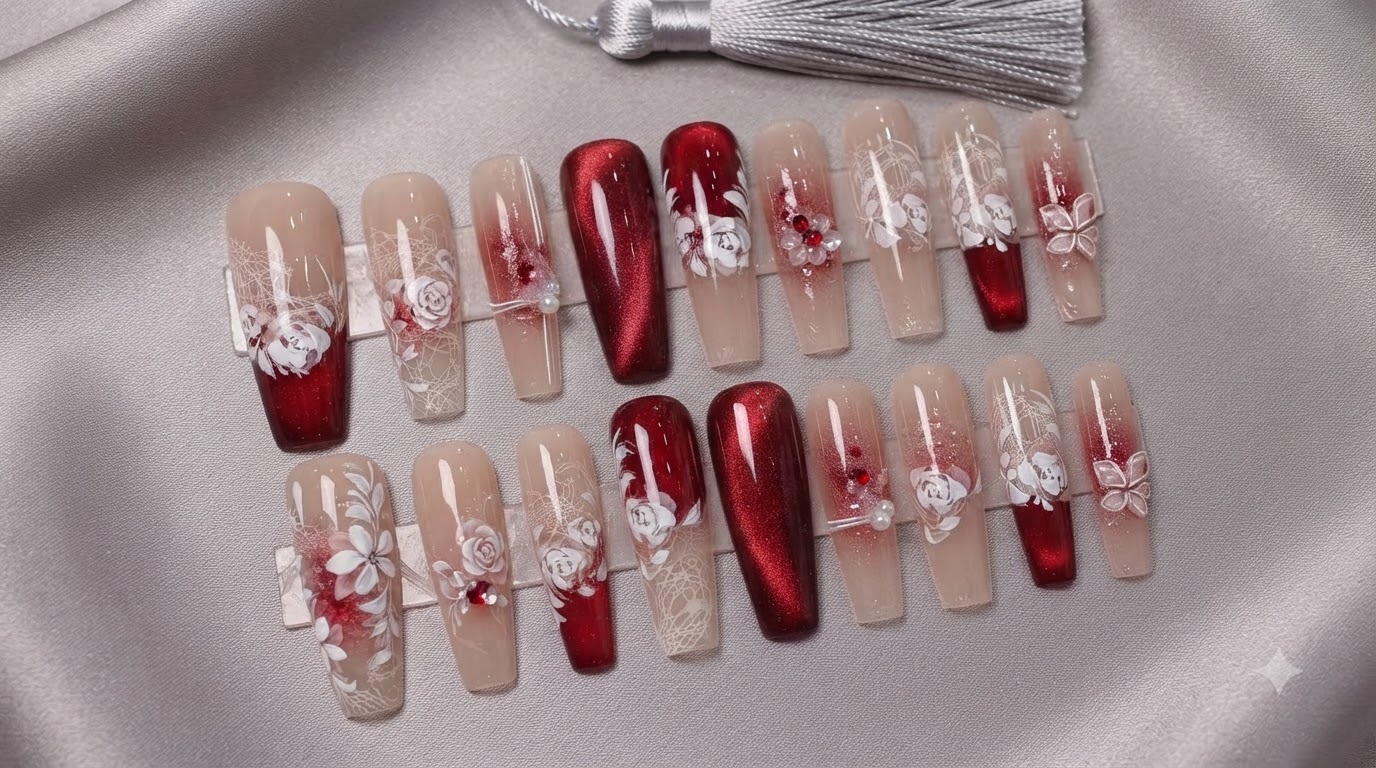 Unghie Posticce con Pizzo Rosso e Bianco per Notte d'Estate: Tutorial Passo dopo Passo