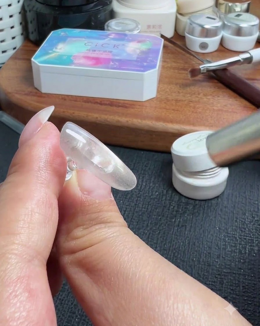 Una mano che tiene unestensione per unghie finta sotto una lampada torcia portatile UV/LED per polimerizzare lo strato di gel.