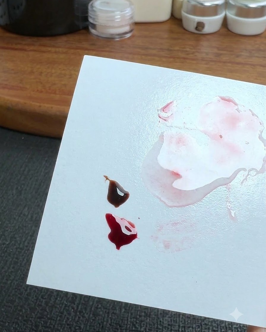 Una tavolozza di miscelazione bianca che mostra piccole gocce di gel smalto marrone scuro e rosso traslucido intenso accanto a chiazze mescolate.