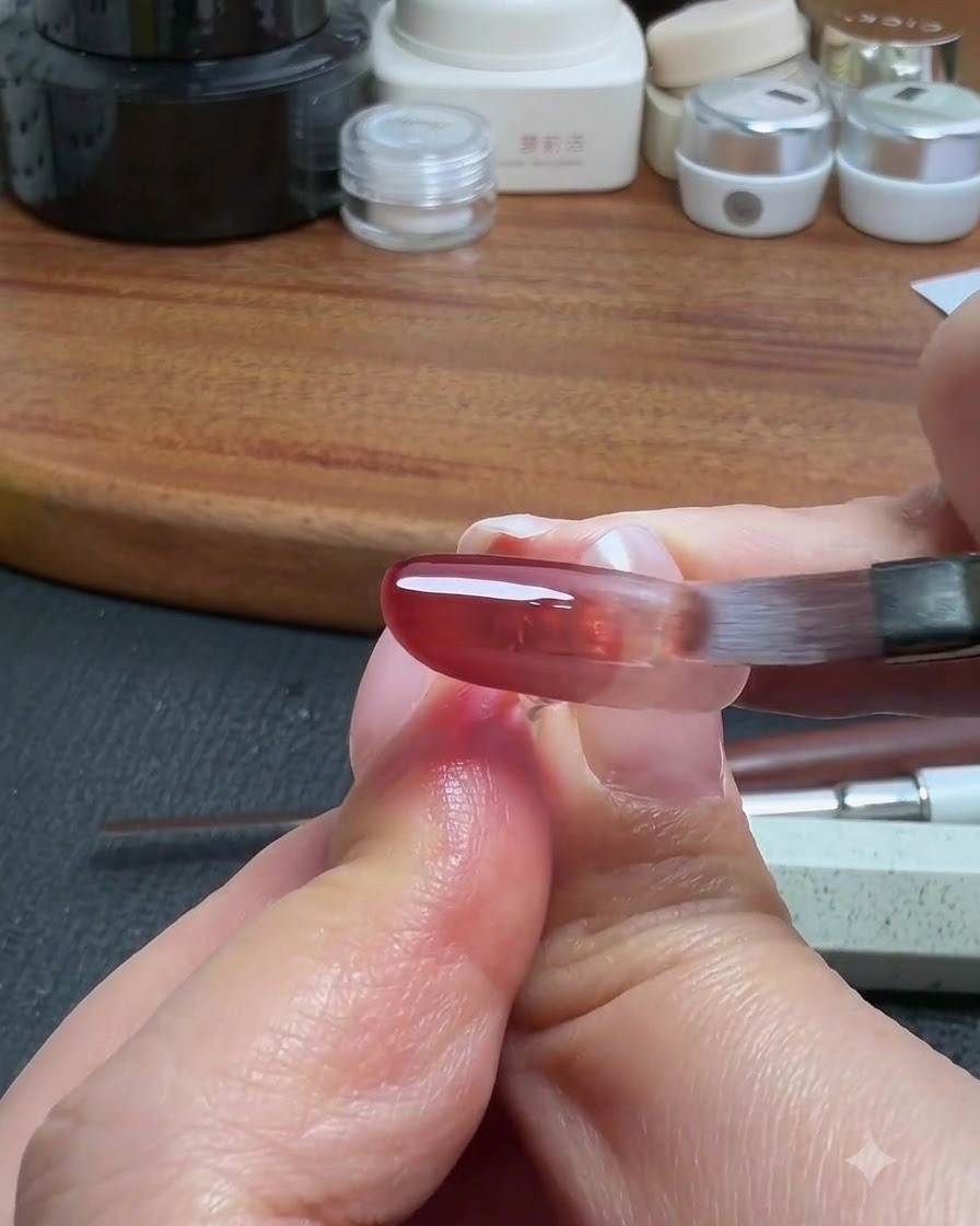 Un pennello pulito per nail art che sfuma delicatamente i bordi dellapplicazione di gel rosso sulla superficie dellunghia artificiale.