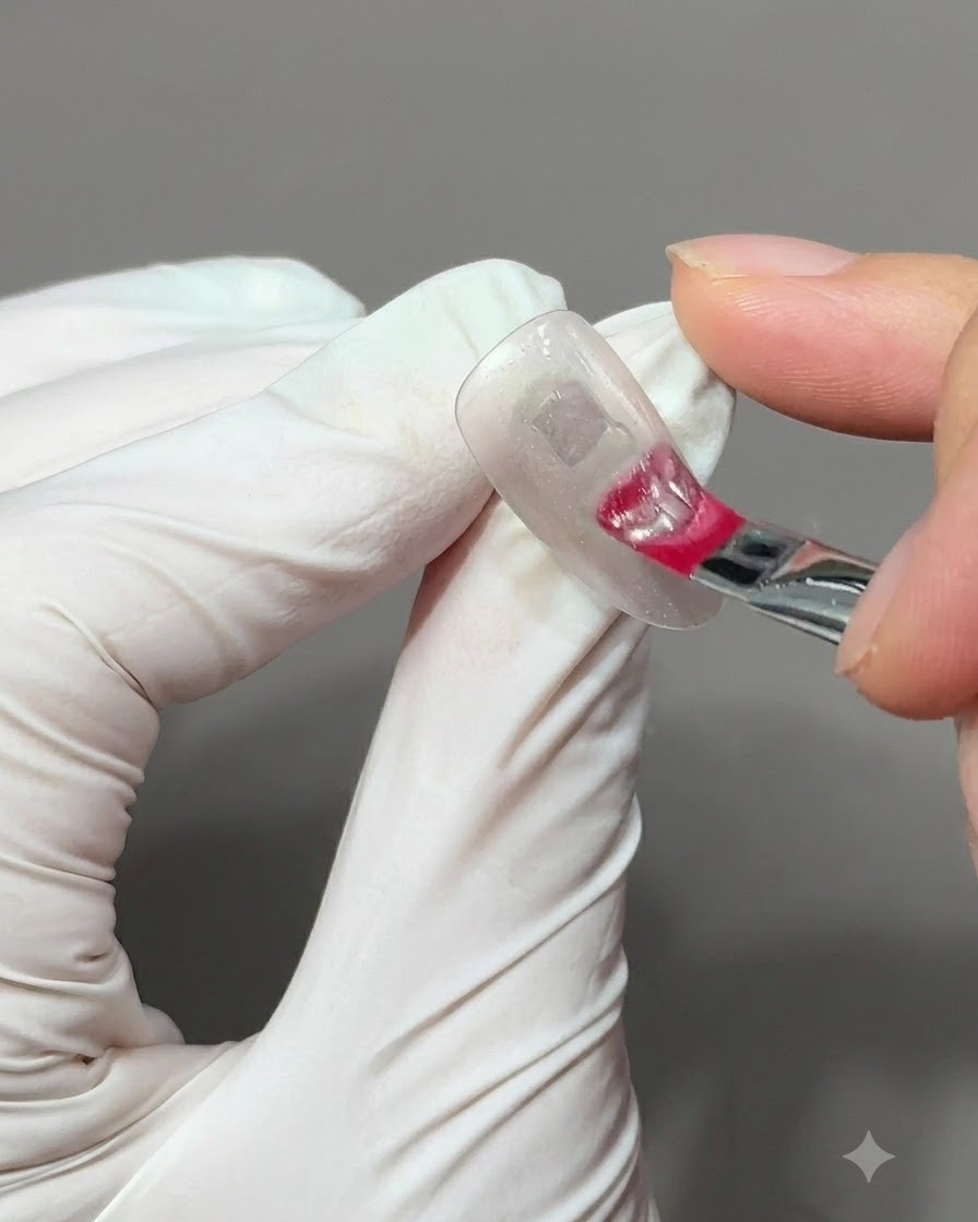 Un primo piano di una mano che tiene una sfera magnetica vicino a ununghia in gel traslucido per modellare le particelle cat-eye in unampia fascia di luce.