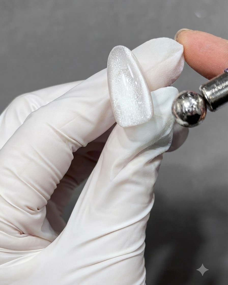 Ununghia traslucida polimerizzata che mostra unampia fascia di luce brillante creata dalle particelle di gel cat-eye.