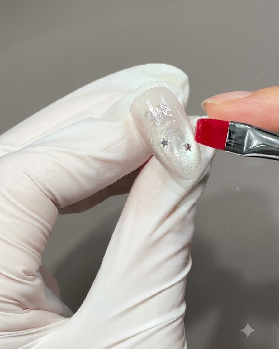 Un pennello che applica il gel base trasparente su ununghia per sigillare e incapsulare le applicazioni di stelle incorporate.