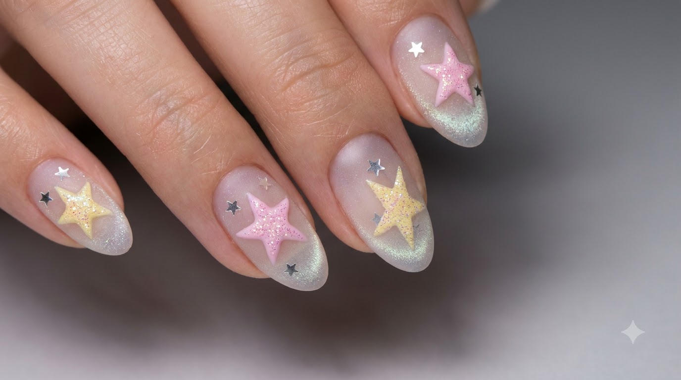 Nail art con stelle 3D smerigliate color sale marino: tutorial cat eye celestiale
