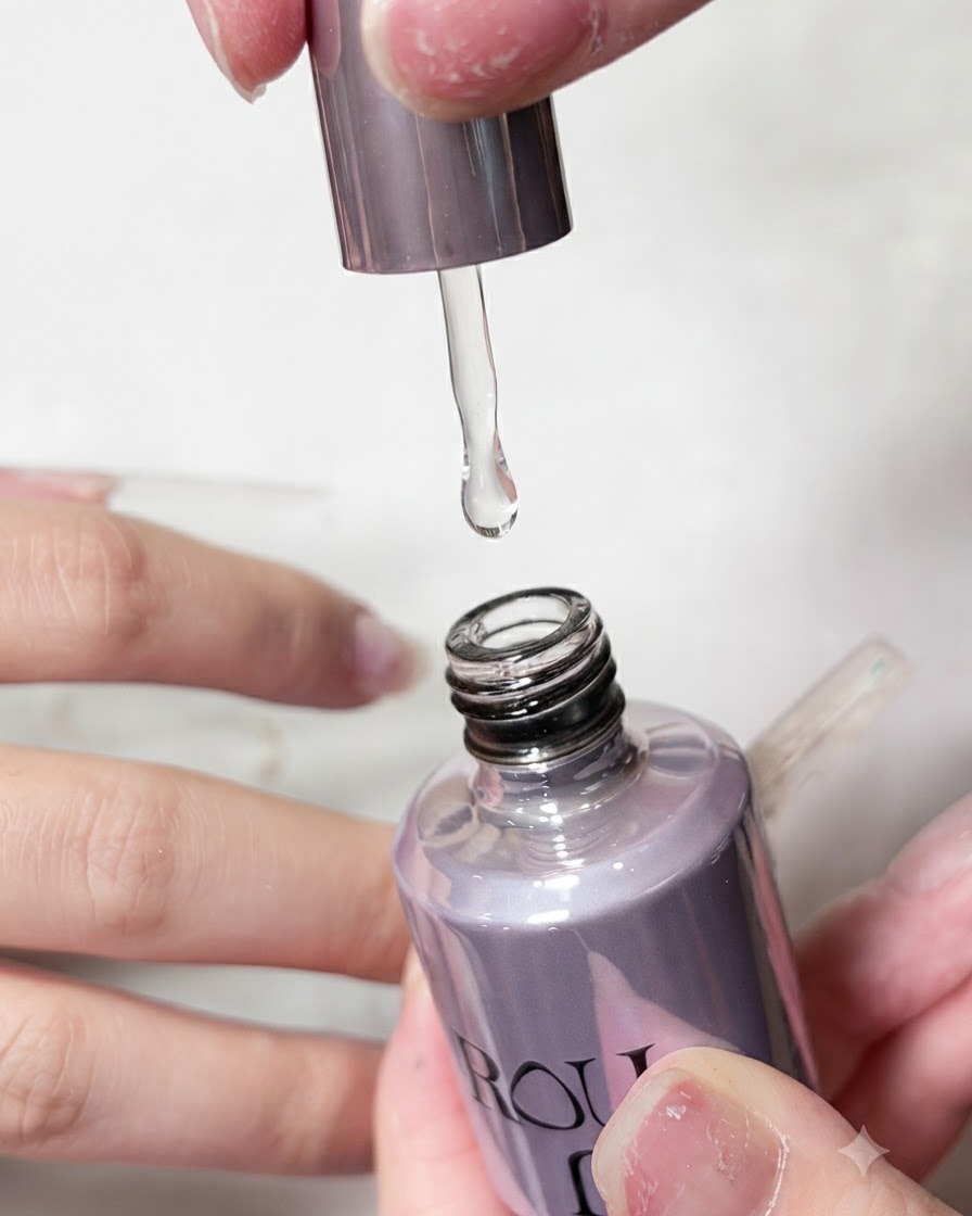 Mani che tengono una bottiglia aperta di colla per unghie con un pennello applicatore che gocciola prodotto.