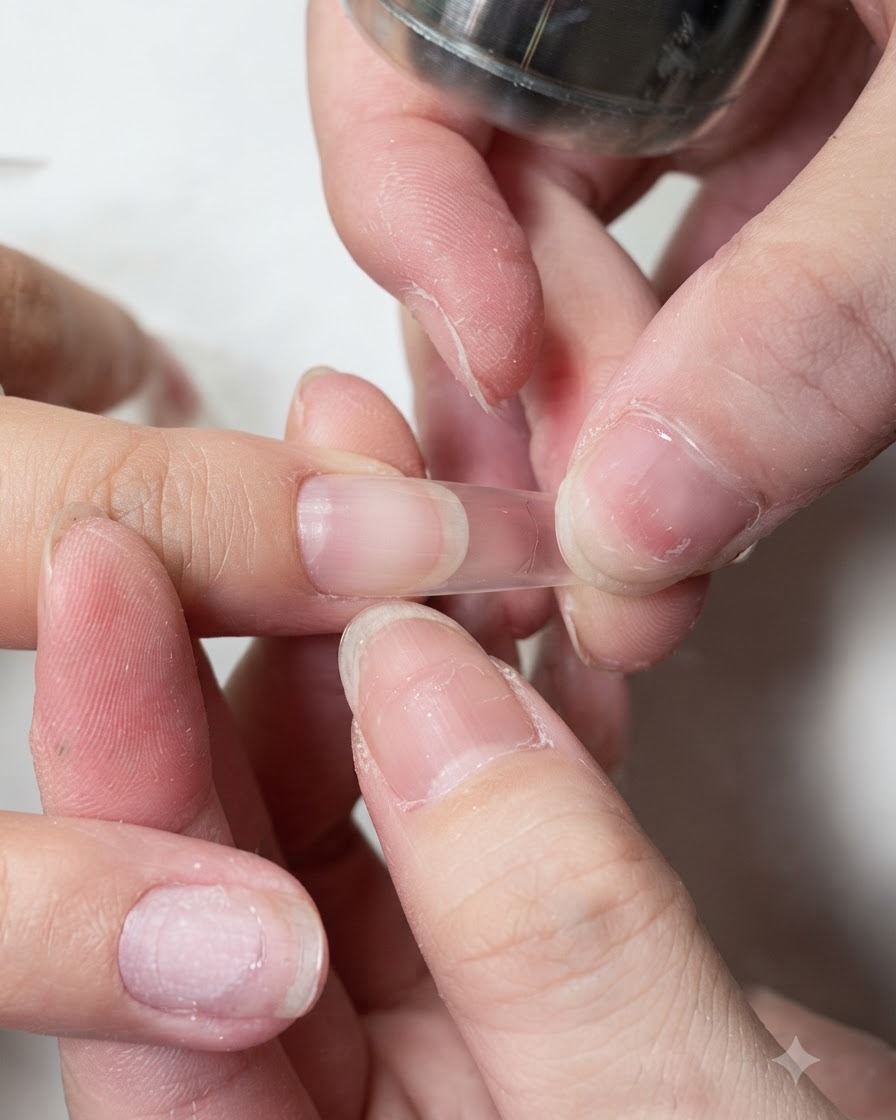 Dita che premono sui lati di una tip trasparente applicata su un dito naturale.