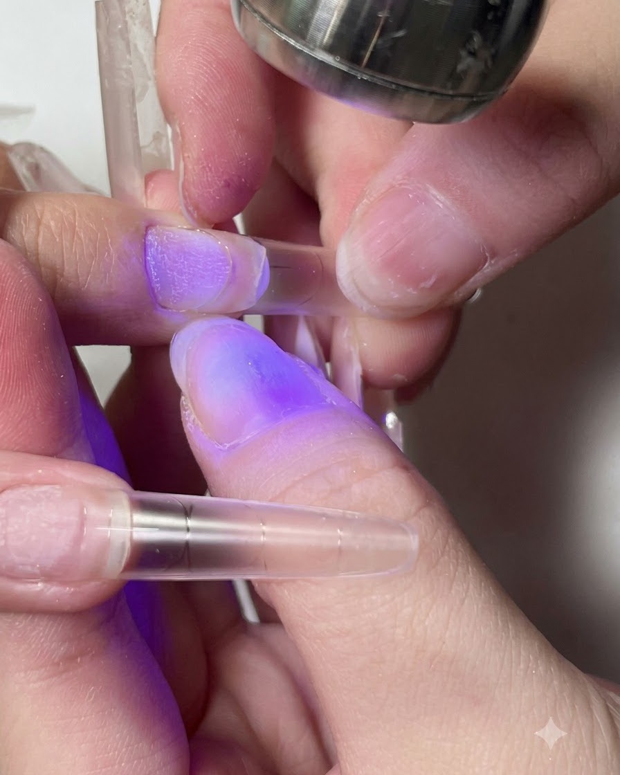 Una lampada UV/LED portatile viola che polimerizza ladesivo sotto una tip trasparente.