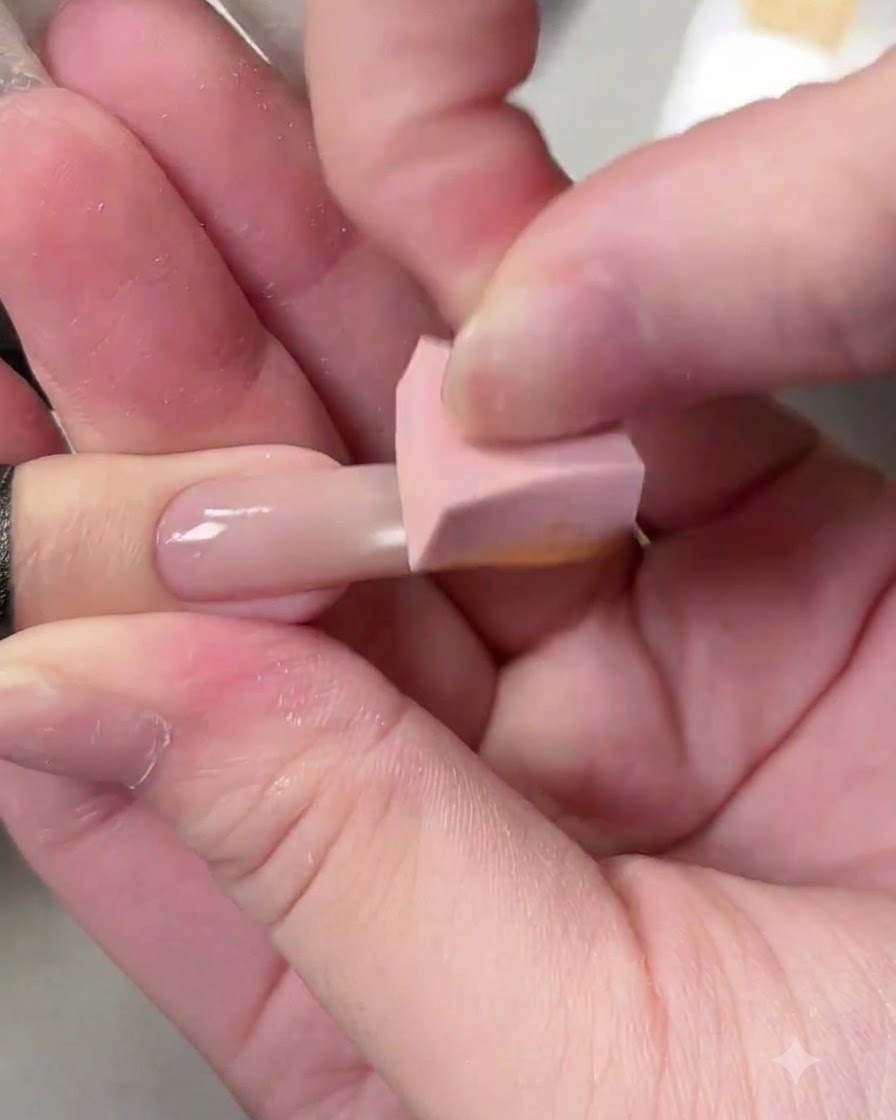 Un applicatore in spugna rosa che tampona delicatamente una sfumatura calda arancione e gialla su una punta dunghia rivestita di gel.