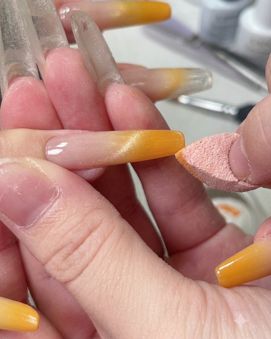 Primo piano di una tavolozza che mostra colla per strass mescolata a gel platinum e glitter fini mentre vengono amalgamati.