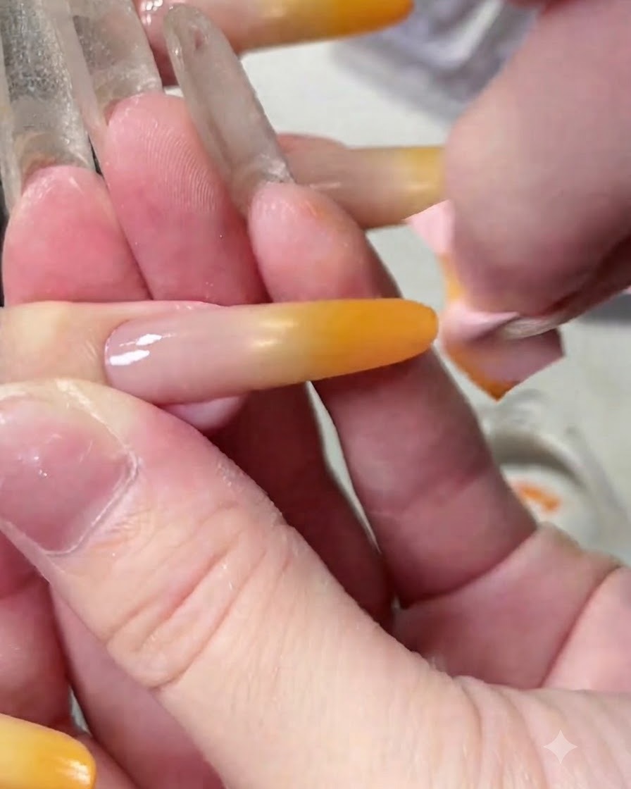 Una mano che svita il tappo di una bottiglia di top coat lucido, rivelando il pennello applicatore migliorato.