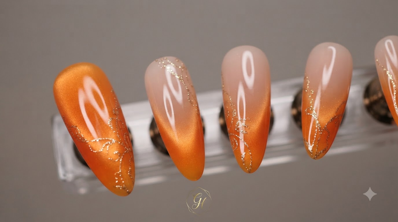 Tutorial per Unghie a Mandorla Lunghe con Effetto Occhio di Gatto Arancione Tramonto e Sfumatura