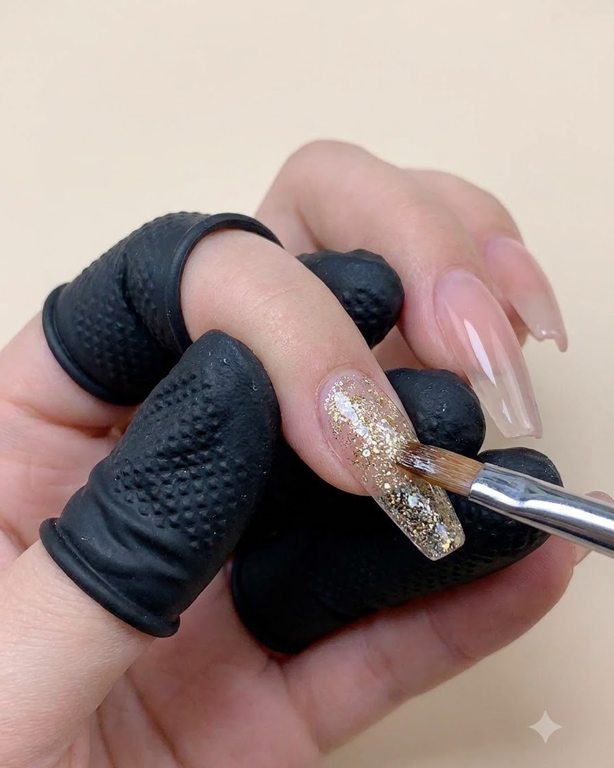 Primo piano di una mano con ditalini neri che usa un pennello fine per applicare fiocchi di glitter oro e olografici su unextension per unghie lunga e trasparente.