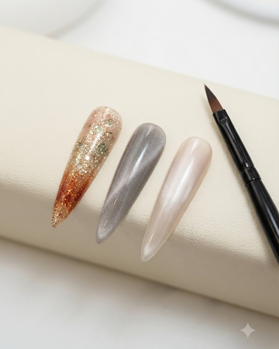 Un supporto da esposizione che mostra tre punte di unghie finite: un ombré glitterato tramonto, un grigio cat eye solido e una tonalità nude-arancione lucida accanto a un pennello fine.