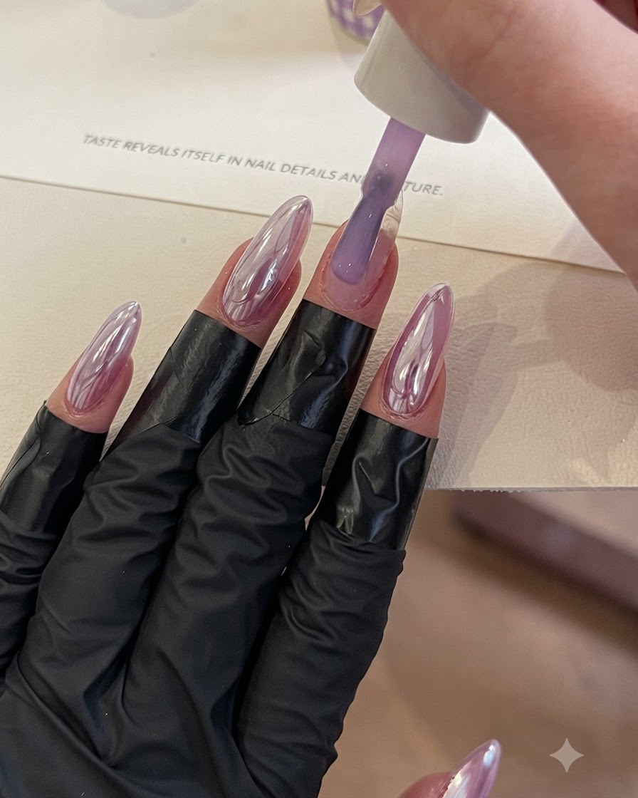Un pennello che applica un gel viola leggermente traslucido su ununghia.