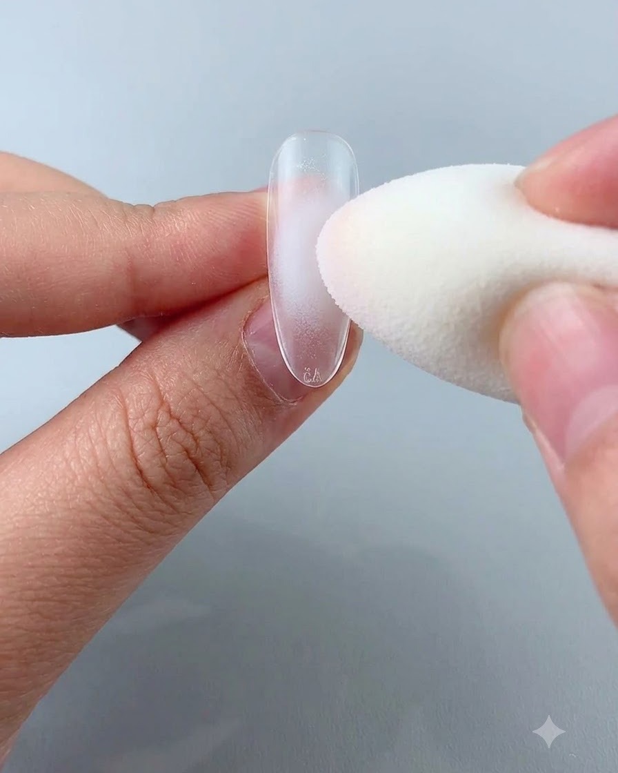 Una spugnetta cosmetica che tampona delicatamente un colore rosa blush morbido al centro di una tip per unghie artificiali trasparenti.