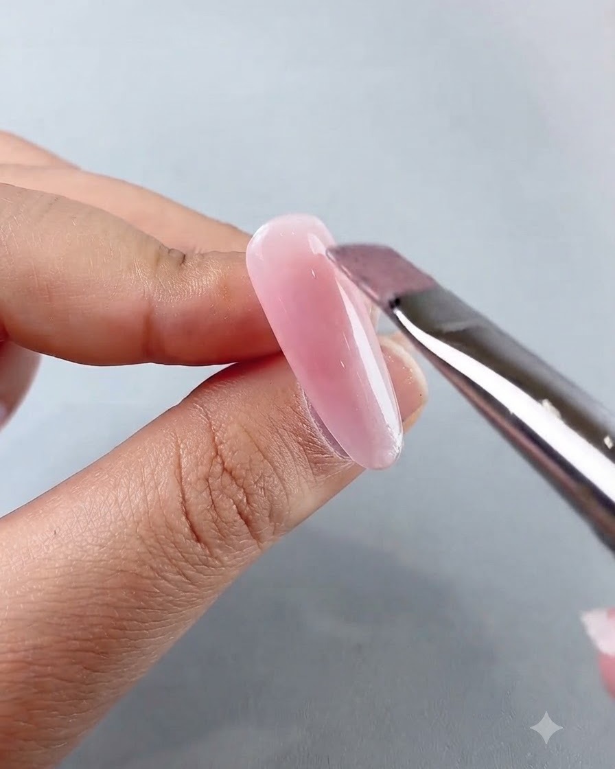 Un pennello per unghie che applica uno strato di gel cat-eye trasparente e brillante sulla base rosa dellunghia.
