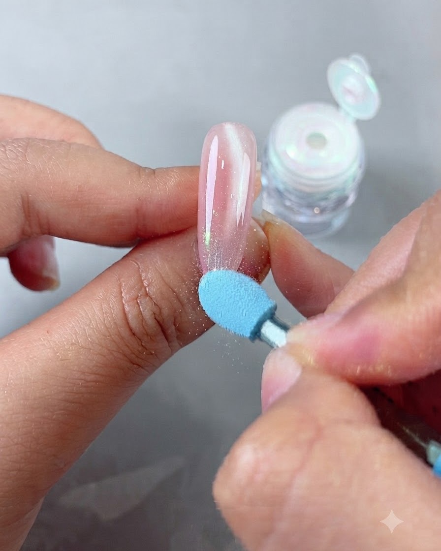 Un applicatore in spugna blu per ombretto che tampona la polvere iridescent magic mirror sulla punta di ununghia rosa cat-eye.
