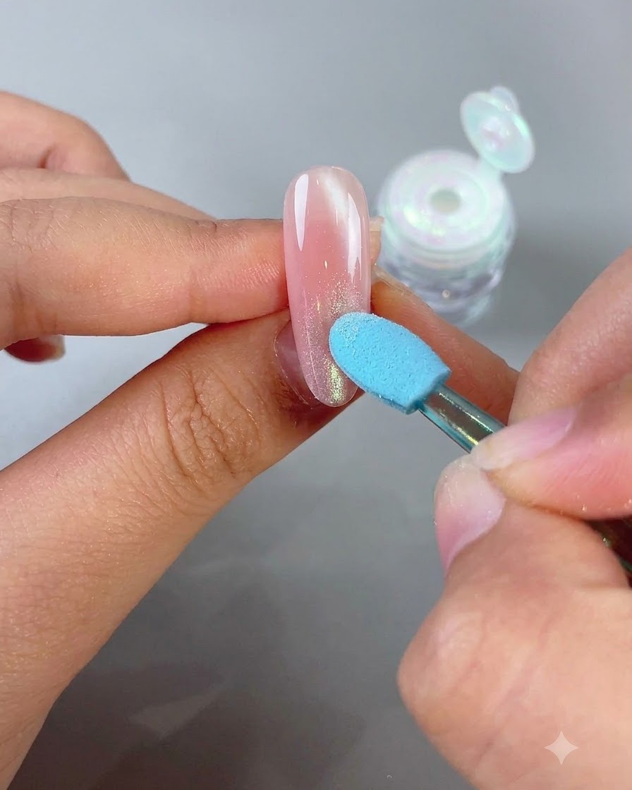 Un applicatore in spugna blu che sfumina delicatamente la polvere magica a specchio sulla punta di ununghia rosa a mandorla per creare un effetto ombré.