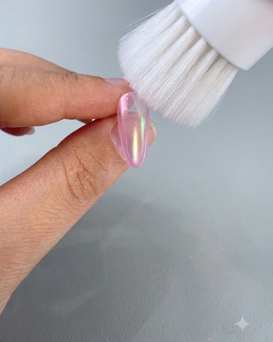 Un pennello cosmetico bianco con setole morbide che rimuove la polvere iridescente in eccesso da ununghia sfumata finita.