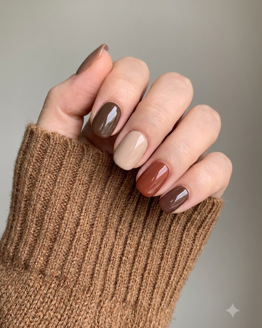 Vista in primo piano di una mano che applica una base coat nude sullunghia del dito indice utilizzando un pennello sottile.