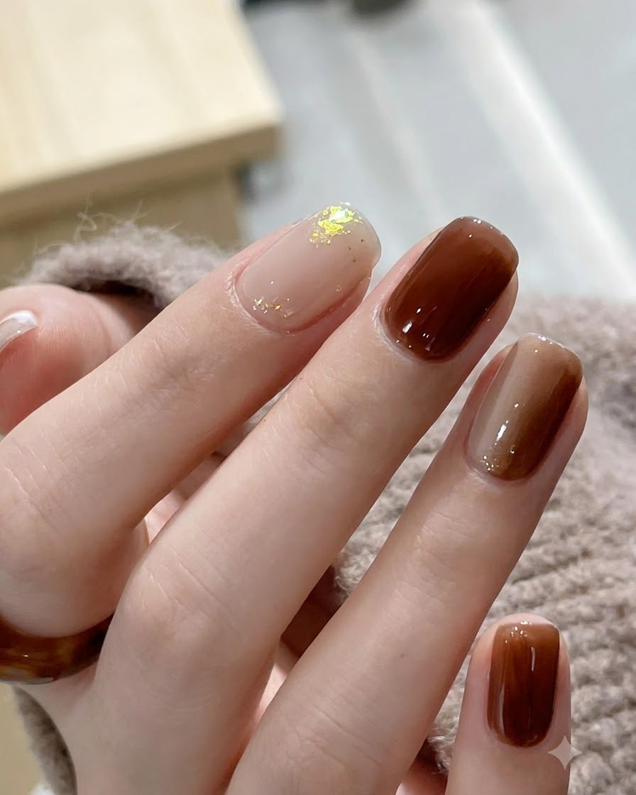 Uno scatto dettagliato di scaglie di glitter oro posizionate su una base per unghie nude con uno strumento sottile.