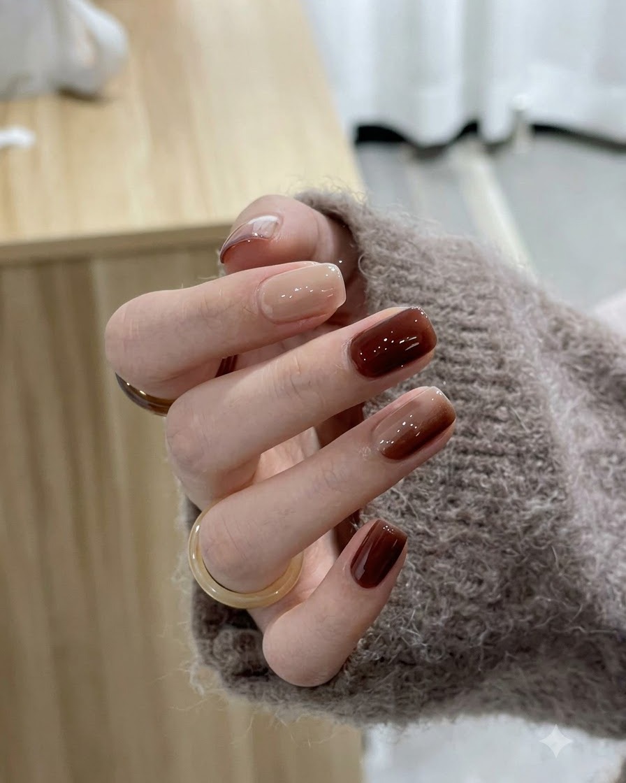 Primo piano di una mano mentre viene applicato un top coat lucido trasparente sulle unghie finite con sfumatura caramello e ambra.