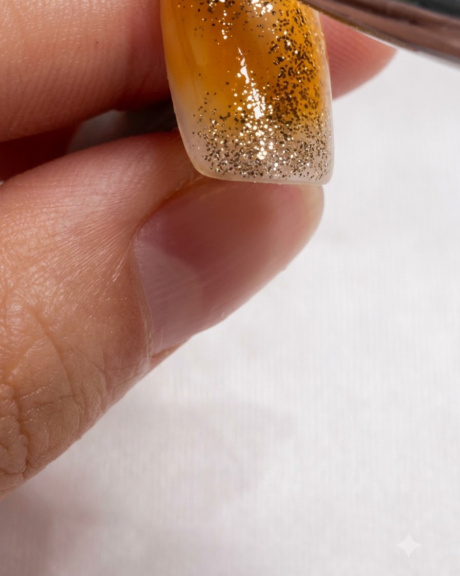 Un pennello che sovrappone una calda sfumatura acquarello marrone ambra sopra larea dellunghia con glitter dorati.