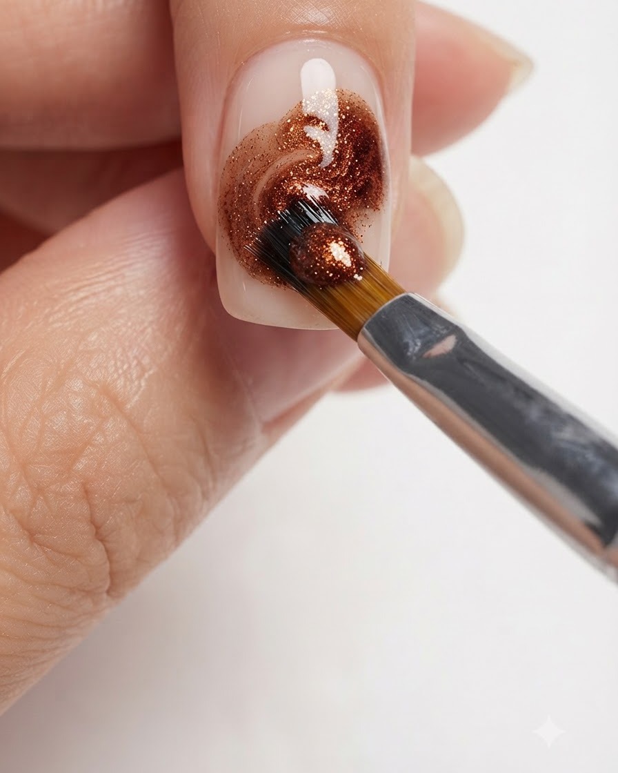 Un primo piano dettagliato di un pennello da unghie che sfuma calde tonalità caramello e ambra su ununghia curata.