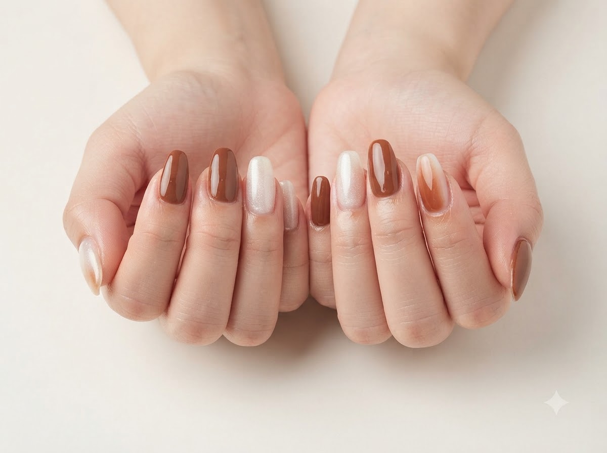 Primo piano che mostra unghie traslucide bianco latte con riflessi magnetici accanto a unghie color caramello pieno.