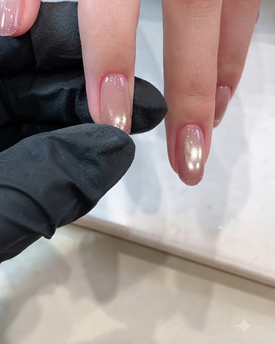Applicazione dello smalto in gel cat eye magnetico sopra il colore di base per un effetto aurora.