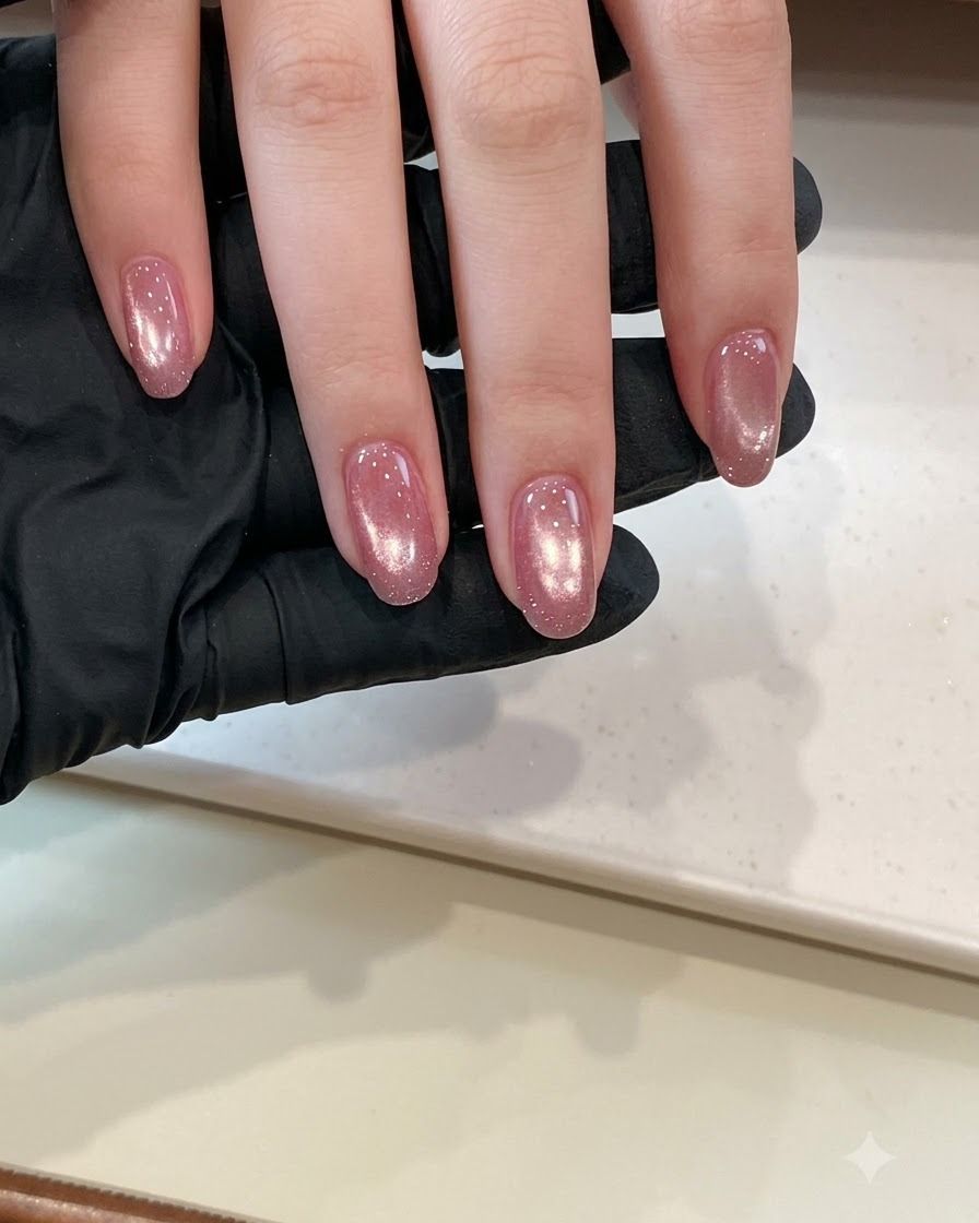 Primo piano di una mano che tampona con cura glitter iridescenti effetto ghiaccio sul centro e sul margine libero di ununghia in gel rosa.