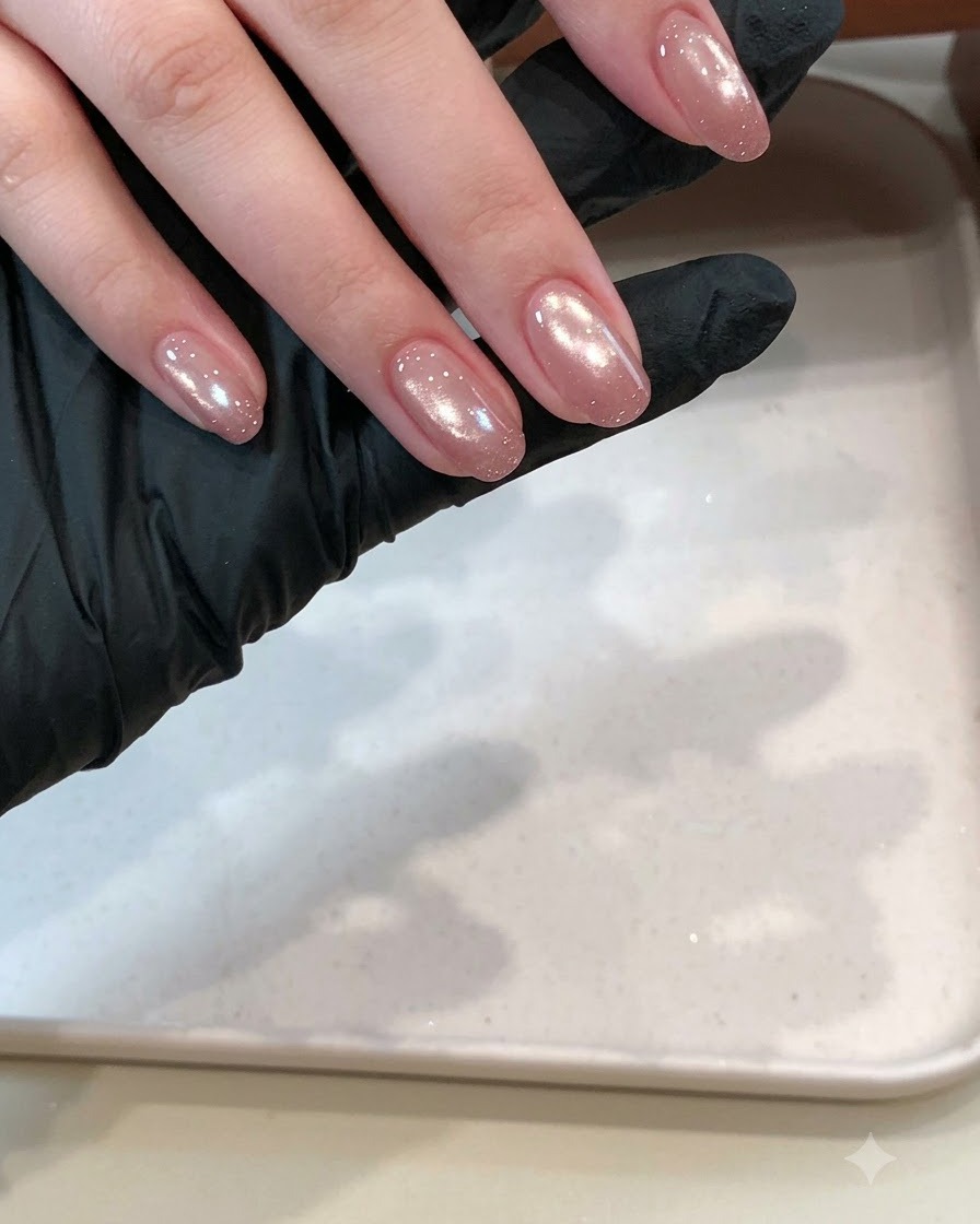 Un pennello da unghie che stende un top coat lucido e denso su una nail art glitterata e testurizzata prima della polimerizzazione sotto la lampada.