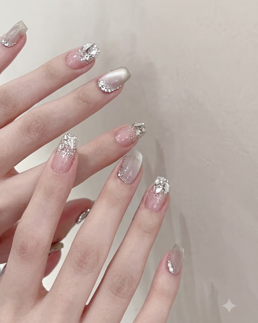 Un pennello da gel applica uno smalto gel cat-eye moonlight traslucido e brillante su ununghia quadrata naturale.