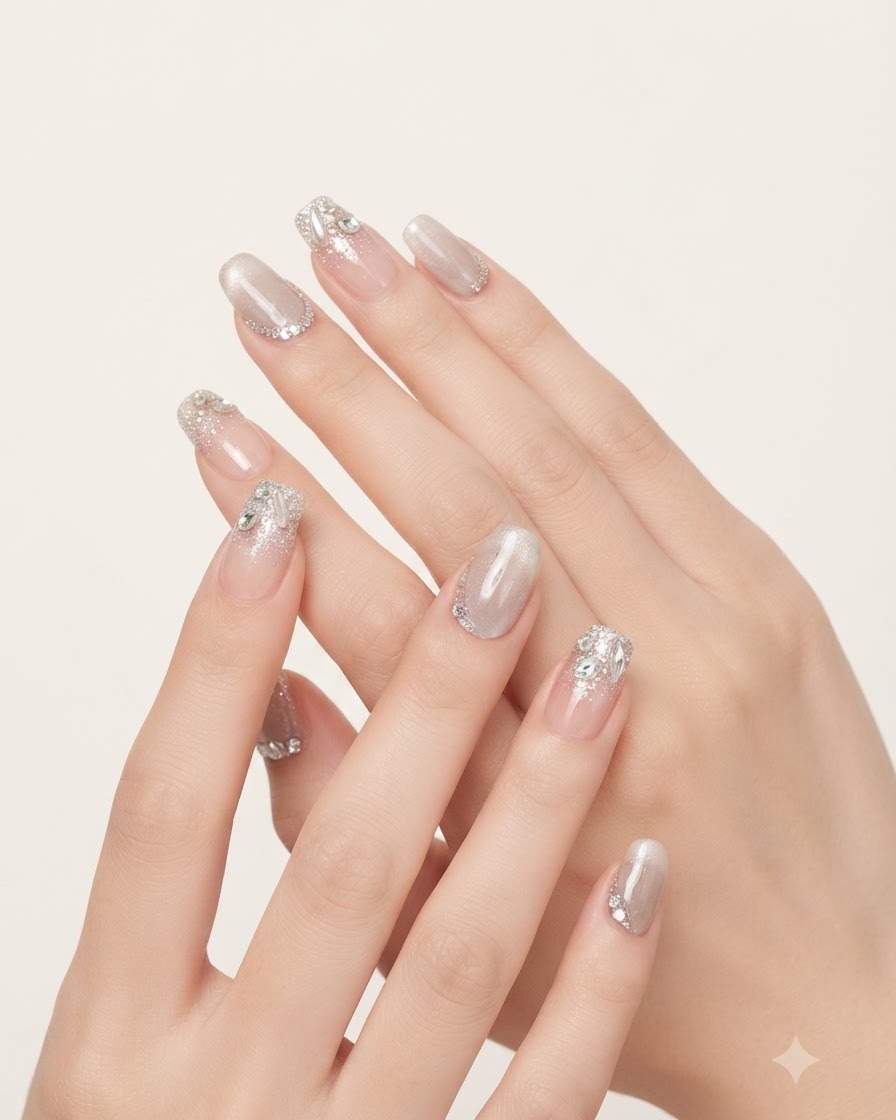 Una mano posizionata allinterno di una lampada per unghie LED rosa con una luce viola brillante che polimerizza il gel cat-eye appena magnetizzato.