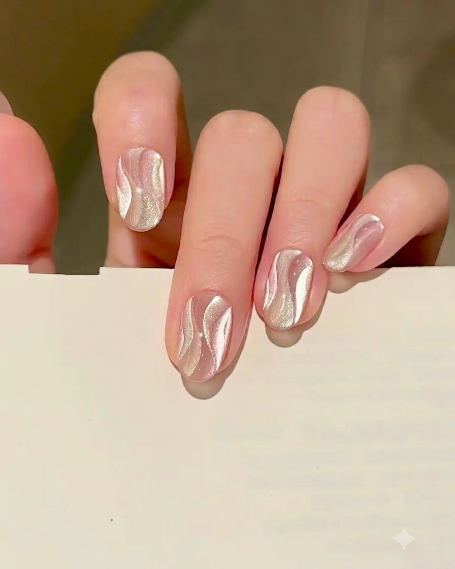 Un pennello che applica uno strato sottile e liscio di smalto gel nude al centro di ununghia pulita e limata.