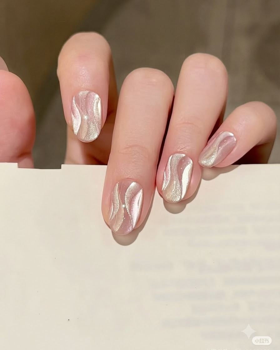 Un pennello liner fine che disegna una delicata forma a nastro curva con gel cat eye argento sopra la base nude.