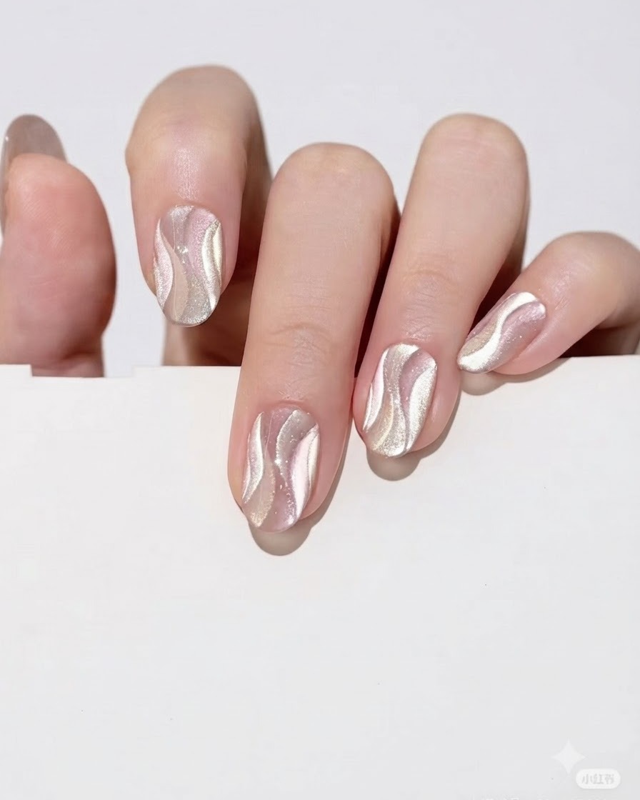 Un piccolo magnete tenuto da vicino sopra ununghia dipinta in gel per concentrare il pigmento cat eye.