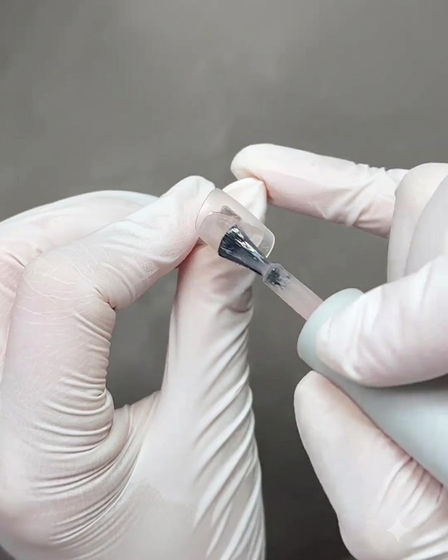 Unghie posizionate sotto una lampada di polimerizzazione dopo aver finalizzato il terzo tratto di nastro cat eye.