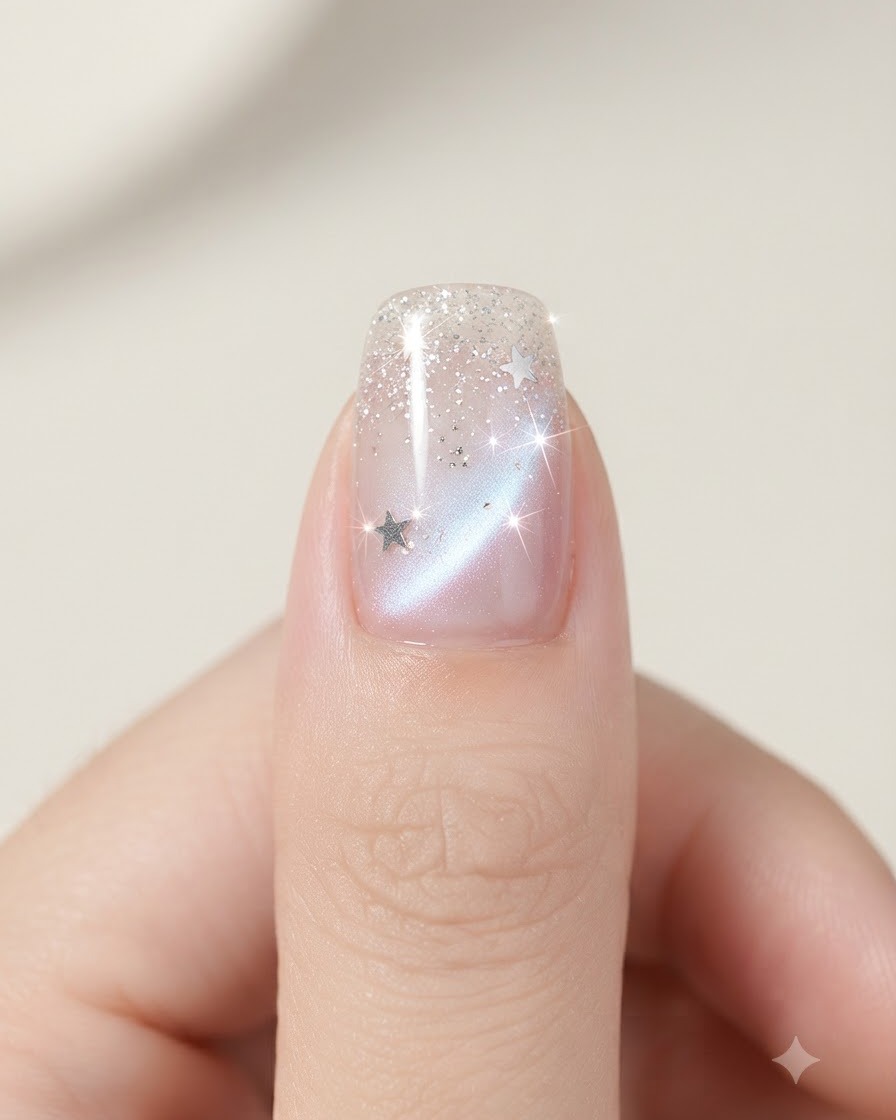 Un paio di pinzette posizionano piccoli pezzi di glitter a stella argento su ununghia decorata e dipinta in gel.