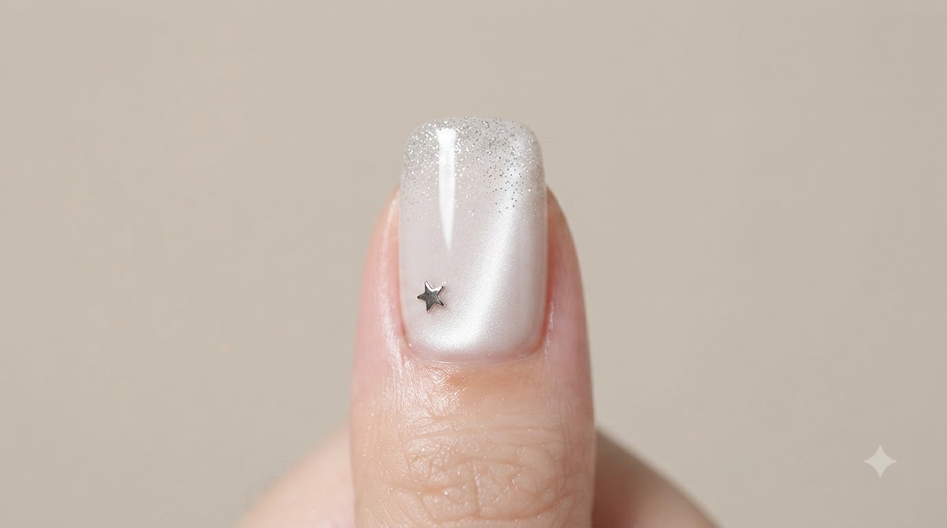Unghie Cat Eye Bianche con Sfumatura Glitter e Stelle