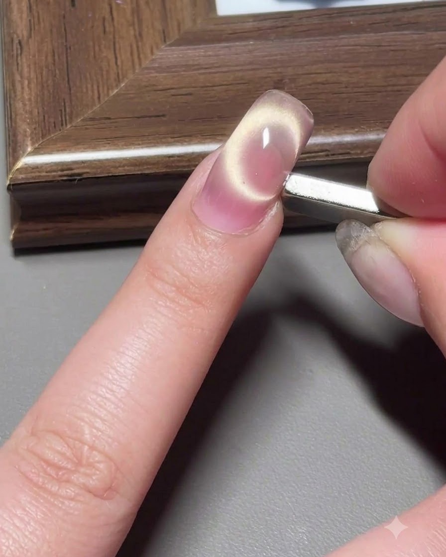 Ein Pinsel trägt eine Schicht rosafarbenes Cat-Eye-Gel auf einen langen Fingernagel auf.