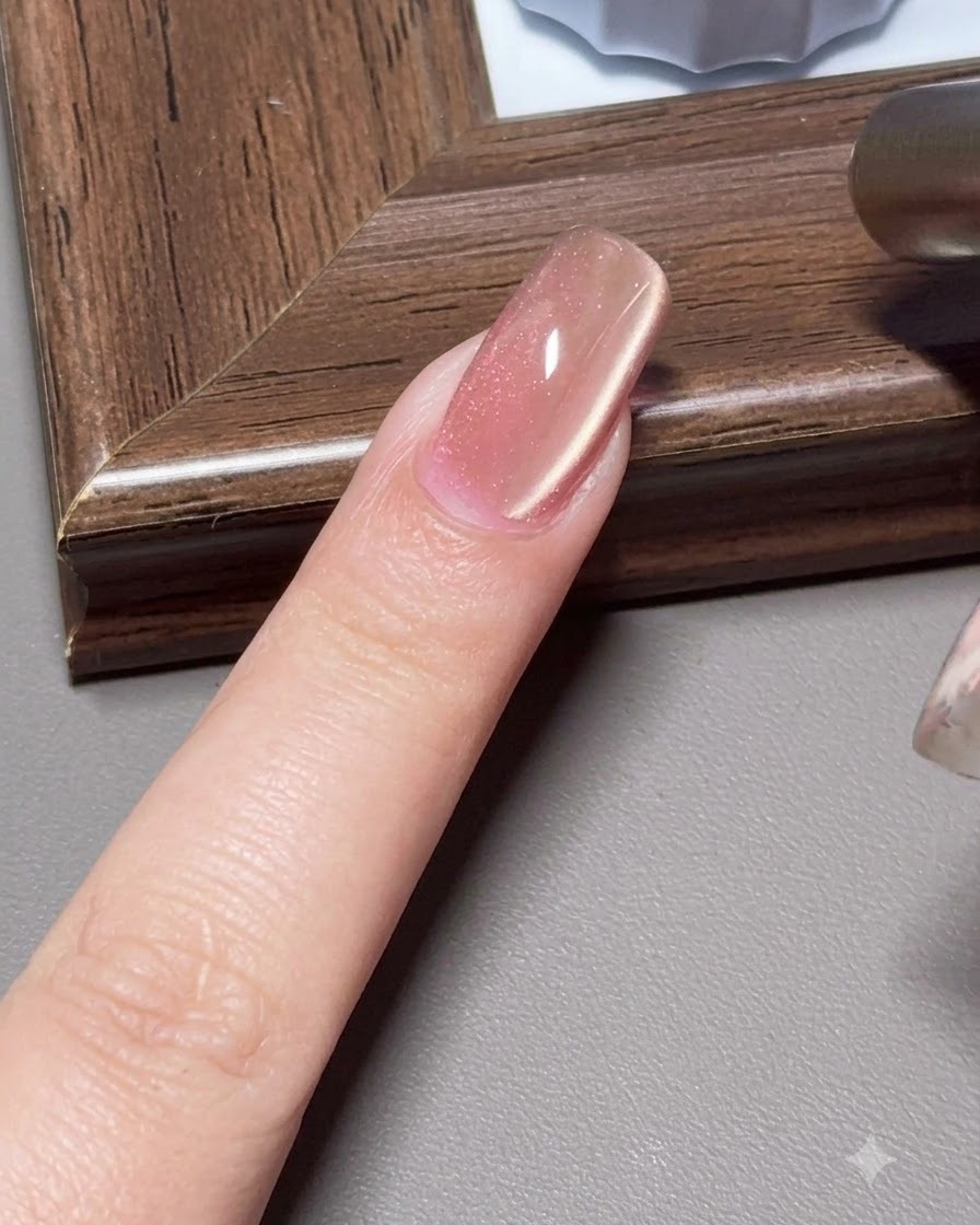 Ein zylindrischer Magnet wird nahe an die Seite eines Cat-Eye-Gel-Nagels gehalten, um ein Seitenlicht-Leuchten zu erzeugen.